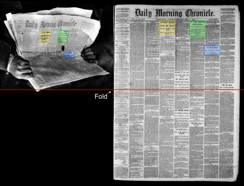 Figure 1: matching text blocks in Brady photo (L) and the front page of the Saturday, June 11th, 1864 issue of the Daily Morning Chronicle (R)